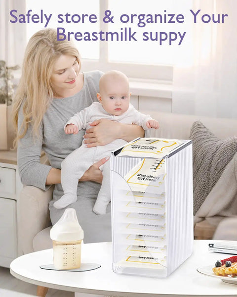 Breastmilk Storage Organizer Freezer Tower With Quick Freeze Tray And Fifo System For New Moms keeps bags neatly arranged.