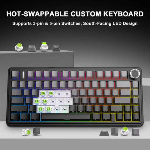 Top Notch 75 Percent Wireless Mechanical Keyboard Featuring Gasket Mount Build Hot Swappable Switches with RGB backlighting and keycap details.