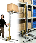 Heavy Duty 60 Or 80 Kg Lifting Jack for Warehousing, shown lifting a box with manual winch and wheels for mobility.