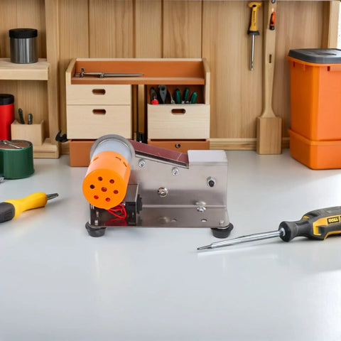 Plug And Play Mini Electric Belt Sander With Twenty Emery Belts Heavy Duty Desktop Grinder Workhorse, compact design on workbench.
