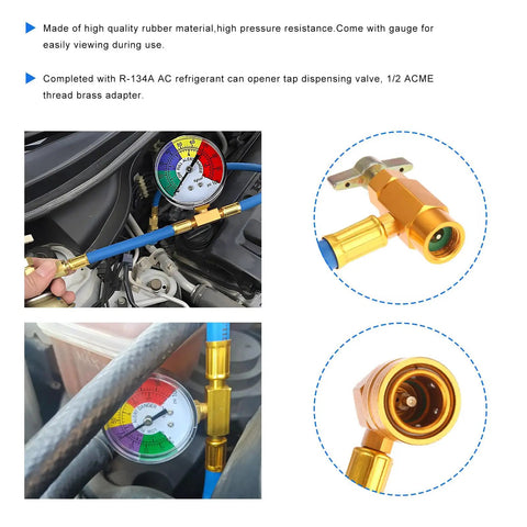 R134A Air Conditioning Refrigerant Charge Hose Kit With Pressure Gauge And One Half Inch Self Sealing Valve in use