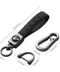 Heavy Duty Leather Carabiner Keychain With 360 Degree Rotating Snap Swivel Anti Lost D Ring And Woven Handmade Strap Microfiber Hand Strap Built For Everyday Carry Boss Level Durability For Men And Women Gunmetal Black, shown with dimensions and components: microfiber strap, D-ring, snap swivel in gunmetal black color.