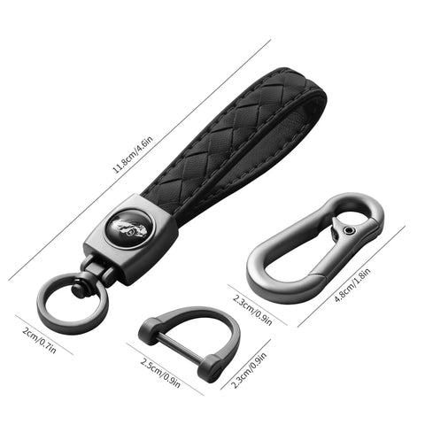 Heavy Duty Leather Carabiner Keychain With 360 Degree Rotating Snap Swivel Anti Lost D Ring And Woven Handmade Strap Microfiber Hand Strap Built For Everyday Carry Boss Level Durability For Men And Women Gunmetal Black, shown with dimensions and components: microfiber strap, D-ring, snap swivel in gunmetal black color.