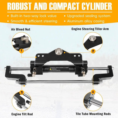 Beefed Up 200HP Hydraulic Outboard Steering Kit For Boats with electroplated wheel, helm pump, and cylinder close-up view