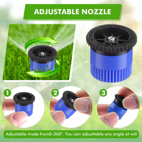 16 Piece Top Shelf Blue Lawn Sprinkler Head Replacement Kit With 15 Van Slick Swivel Nozzles Rotating Seamlessly From 0 To 360 Degrees adjustable nozzle for precise watering.