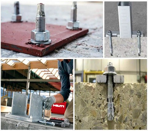 Three Eighths Inch By Three Inch Concrete Anchor Set In 304 Stainless Steel Wedge Anchors With Screws Kit Ten Pieces For Durable Marine Grade Installation And Superior Anti Rust Performance In Humid Environments, showing multiple installed applications.