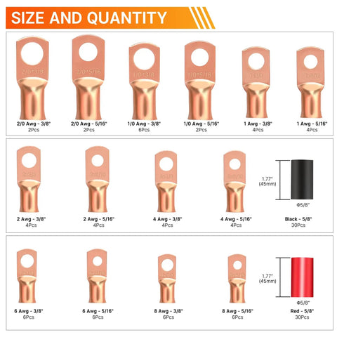 Heavy Duty Copper Battery Cable Lugs Kit With 120 Pcs Ends For AWG 1/0 To 2/0 And 1, 2, 4, 6, 8 Gauge Includes 60 Pcs 3:1 Heat Shrink Tubing