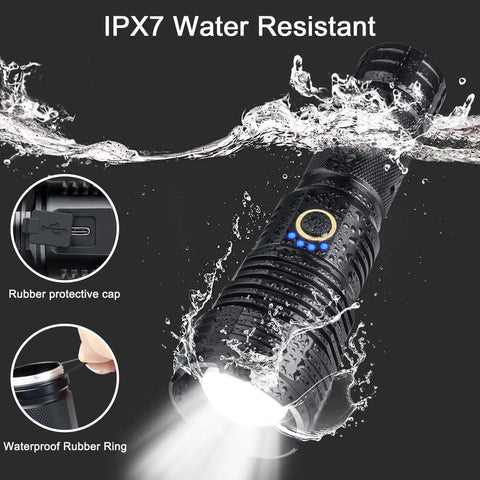 Ultra Bright 990000 Lumen Rechargeable LED Flashlight immersed in water demonstrating IPX7 waterproof feature