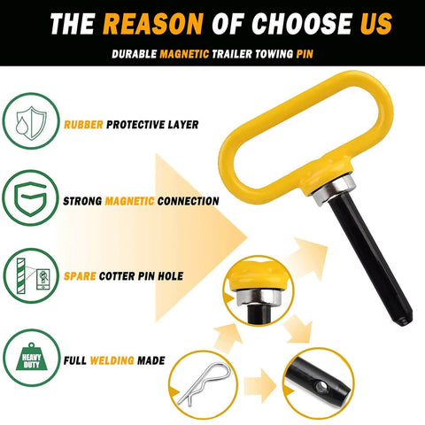 Heavy Duty Magnetic Hitch Pin One Half Inch For Lawn Mowers And Trailers One Handed No Fuss Easy Hook On Off No Rust