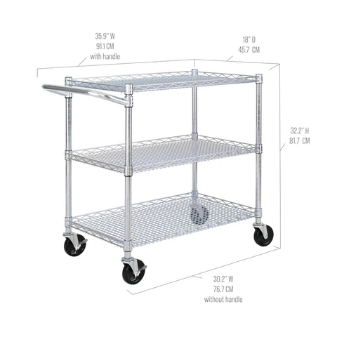 Heavy Duty Metal Rolling Utility Cart With 3 Adjustable Steel Shelves And Handy Handle Bar, NSF Commercial Grade, 500 Lb Capacity, Perfect For Restaurant, Garage, Warehouse, Kitchen, Or Office, 36 Inch Wide, 3-shelf steel cart with casters