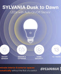 Auto On Off Dusk To Dawn A19 LED Bulb With Light Sensor, 60W Equivalent, 800 Lumens, 2700K Soft White, Low Energy Night Light For Hallways And Exterior, 1 Pack illustration with icons and features.