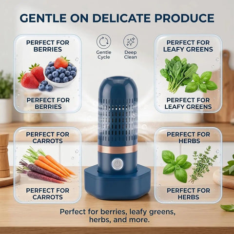 Cordless OH Ion Purifier For Fruit Veggies Meat And Seafood Capsule Shape Cleaner That Uses Water Only displayed with produce images.