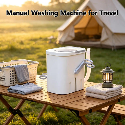 Portable Manual Crank Washing Machine Cordless Laundry Setup Eight Liter Capacity with laundry basket at campsite