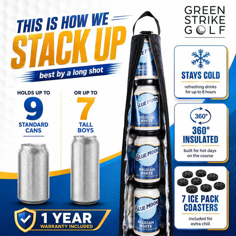9 Can Golf Beer Sleeve XL Cooler with 7 Reusable Ice Pucks, 360 Degree Insulation, shown holding cans and ice pucks