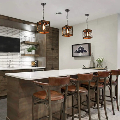 Rustic Wood Kitchen Island Chandelier With Five Glass Shades And Industrial Black Metal Frame in modern kitchen setting