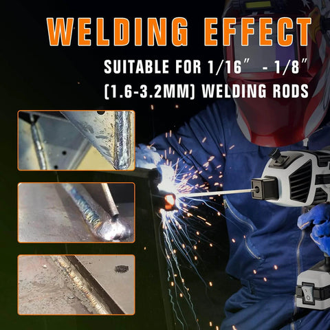 Portable Handheld Arc Welder Gun With IGBT Inverter in action, showing welding effects with 1/16 to 1/8 inch welding rods