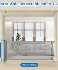 70 Inch Wide Retractable Baby Gate With 33 Inch Height installed in doorway with couch visible in background