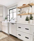 Kitchen with floating shelves on Built Tough 5.5 Inch Black Shelf Brackets With Lip For Floating Shelves, 6 Pack, supporting decor.