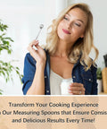 Woman holding Stainless Steel 1 Tsp Measuring Spoon With 5 mL And 1/3 Tbsp Markings, Precise Teaspoon Scoop for spices and cooking.