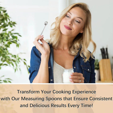 Woman holding Stainless Steel 1 Tsp Measuring Spoon With 5 mL And 1/3 Tbsp Markings, Precise Teaspoon Scoop for spices and cooking.