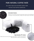 Espresso cleaning kit components for Breville machines: black activated carbon granules and white PP cotton filters