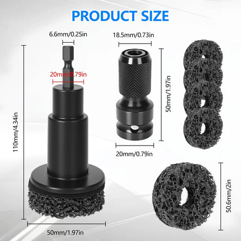 Wheel Hub Cleaning Tool And Resurfacing Kit With Six Durable Brush Heads For Lug Studs, Rotors, And Alloy Wheels, product sizes