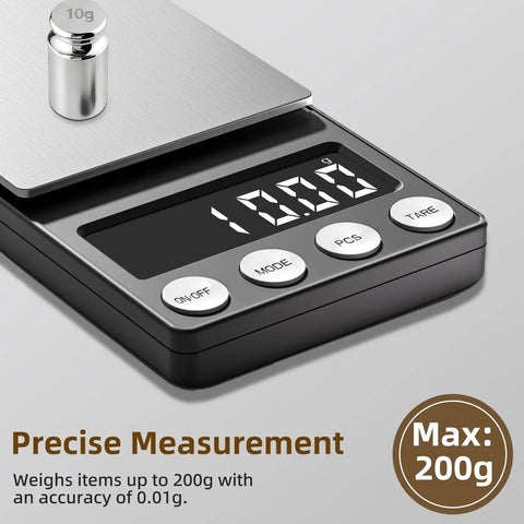 Digital Coin Scale With 0.01g Precision And 200g Capacity showing LCD and calibration weight