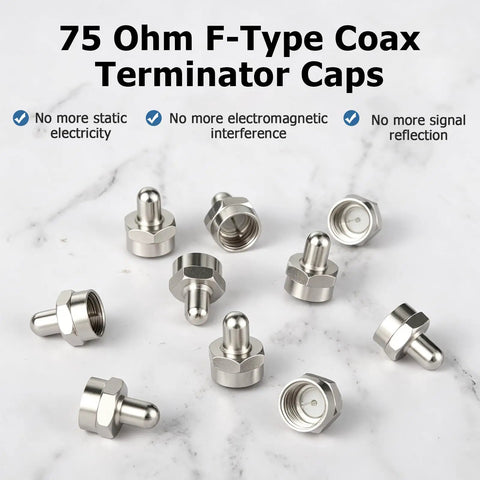 Coax Cap Covers 10 Pack 75 Ohm Unused Coax Port Terminators Stop Signal Leakage And Pixelation laid out on white surface
