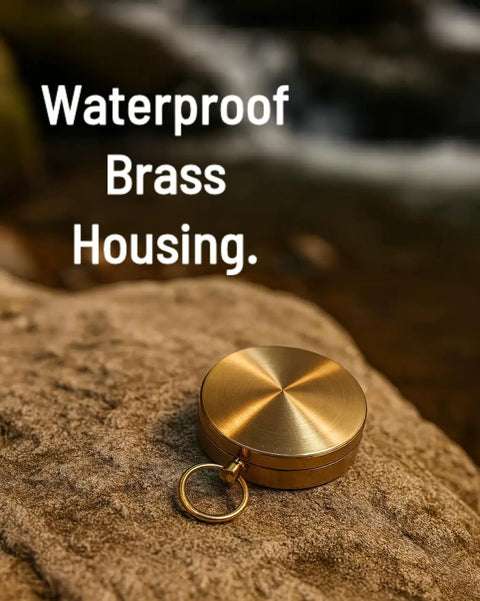 Glow In The Dark Brass Pocket Compass For Kids, Waterproof Navigation Tool on a rock highlighting brass housing.