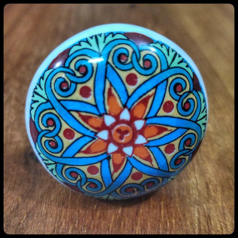 Flat Out Gorgeous Hand Painted Ceramic Drawer Knobs And Snazzy Floral Cabinet Pulls With Vibrant Blue Red Green Designs For Kitchen Bathroom Furniture Upgrades Set Of Six, close-up view of vibrant floral knob.