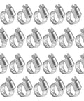 Front view: 25 stainless steel worm-drive hose clamps arranged in a grid; 5/16–7/8 in (8–22 mm) range for auto plumbing.