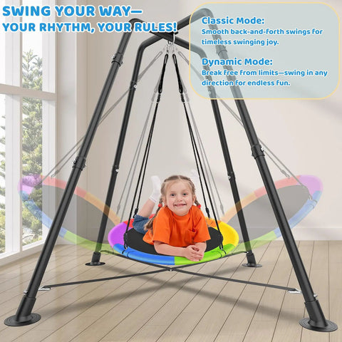 Sturdy Heavy Duty Swing Frame Stand For Kids And Adults Up To 330 Lbs Fits Most Swings For Indoor And Outdoor Use Ground Stakes For Extra Stability Black Backyard Ready All Weather holding a colorful swing with child indoors.