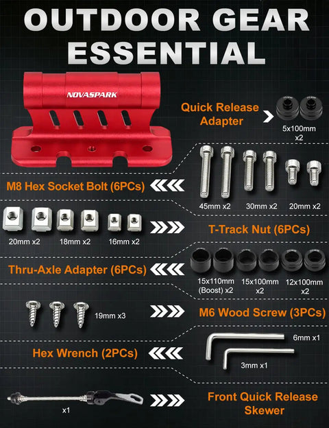 Truck Bed Bike Fork Mount With Four Adapters For 9x100mm QR 12x100mm 15x100mm And 15x110mm Boost Forks Fast Load Stable Grip Easy Install For Road Trips And Work Rigs red aluminum mount with adapters and bolts