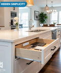 Open kitchen drawer with Drawer Outlet Kit With Two AC Outlets, Recessed Power Strip For Desk Vanity Nightstand, devices inside