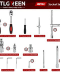 108 Piece Workhorse Mechanic Socket Tool Kit With CR V Steel Sockets, Metric And SAE displayed with components and adapters.