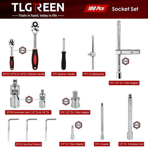 108 Piece Workhorse Mechanic Socket Tool Kit With CR V Steel Sockets, Metric And SAE displayed with components and adapters.