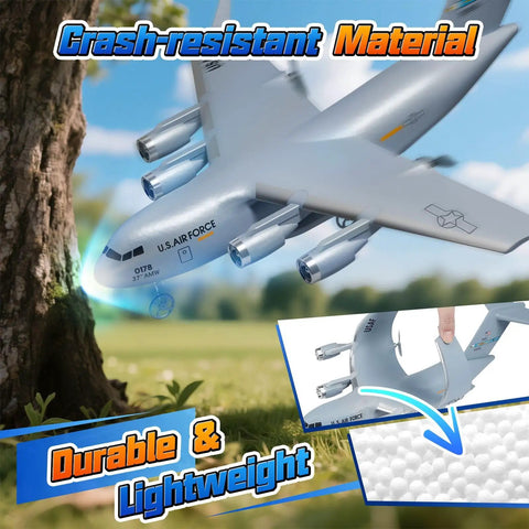 Ready to Fly RC C-17 Globemaster III Plane With 6 Axis Gyro Stabilizer, showing crash-resistant material near a tree.