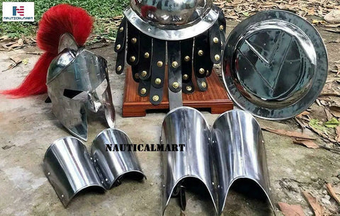 Spartan King Leonidas Style Helmet With Red Plume, Muscle Chest Armor Cuirass, Silver Shield And Leg Or Arm Guards For SCA LARP And Halloween Cosplay Gear