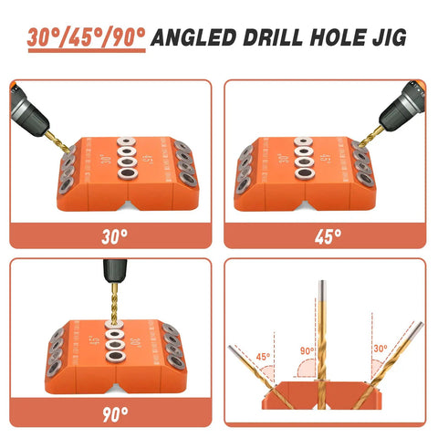 Multi Angle Cable Railing Drill Guide Jig With 30 45 90 Degree Angles For Angle And Straight Holes shown in use with drill bits.