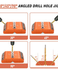 Angled Drill Guide Jig For Cable Railing Posts And Decks With 30 45 90 Degree Holes Four Bit Kit shown in orange, multiple angles