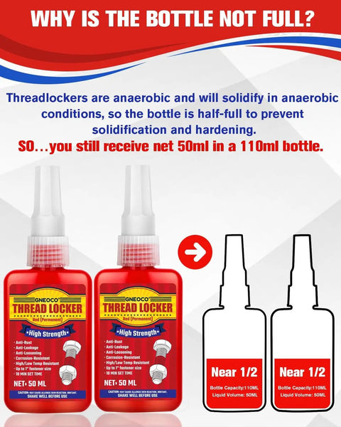 High Strength Red Thread Locker for Nuts and Bolts Permanent Bonding Two 50ml Bottles with usage explanation