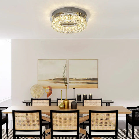 Dining room with Dope Modern Crystal Ceiling Light With Dimmable LED Flush Mount 12 Inch Chrome Industrial Chandelier.