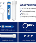 DIY 150 GPD Reverse Osmosis Membrane Kit with membrane, housing, wrench, quick connect fittings, and check valve for under sink system