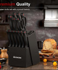 15 Piece Kitchen Knife Set With Built In Sharpener Block German Stainless Steel Blades In Black Wood Block on kitchen counter