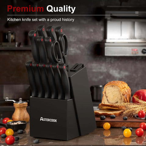 15 Piece Kitchen Knife Set With Built In Sharpener Block German Stainless Steel Blades In Black Wood Block on kitchen counter