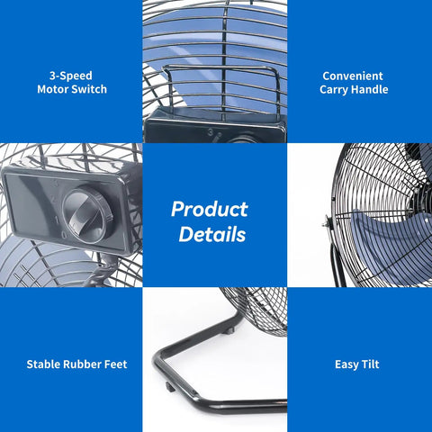 3-speed controls, convenient handle, stable feet, easy tilt features of 20 Inch High Velocity Industrial Floor Fan for warehouses and workshops.