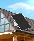 5W Solar Panel Charger for battery security cameras mounted on a house roof, showing USB-C use, adjustable with 9.8 ft cable