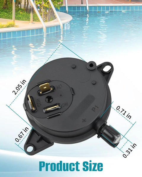 Air Flow Switch and Pressure Switch Replacement AFS for Pentair MasterTemp 125 200 300 400 Pool Heaters and Sta Rite Max E Therm Water Heaters Electrical System Compatible, showing dimensions and ports.
