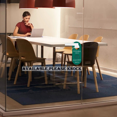 Double-Sided Meeting In Progress Door Sign Pack Of 2 Do Not Disturb And Available Signs For Office Door hanging on glass wall