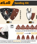 Beast Pro Grade Oscillating Tool Sanding Pad Kit with 93mm triangle pads, fingertip pads, sandpaper, and adapters shown in packaging.